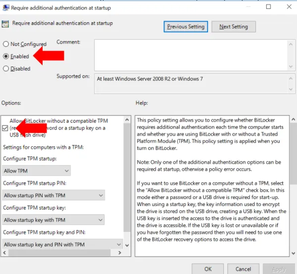 Require additional authentication setting allows enabling Bitlocker on PCs without a TPM chip