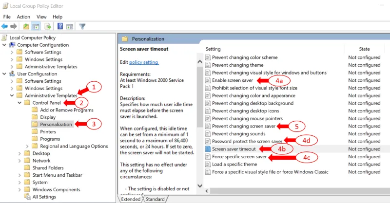 gpedit.msc options to reach the screen saver related settings